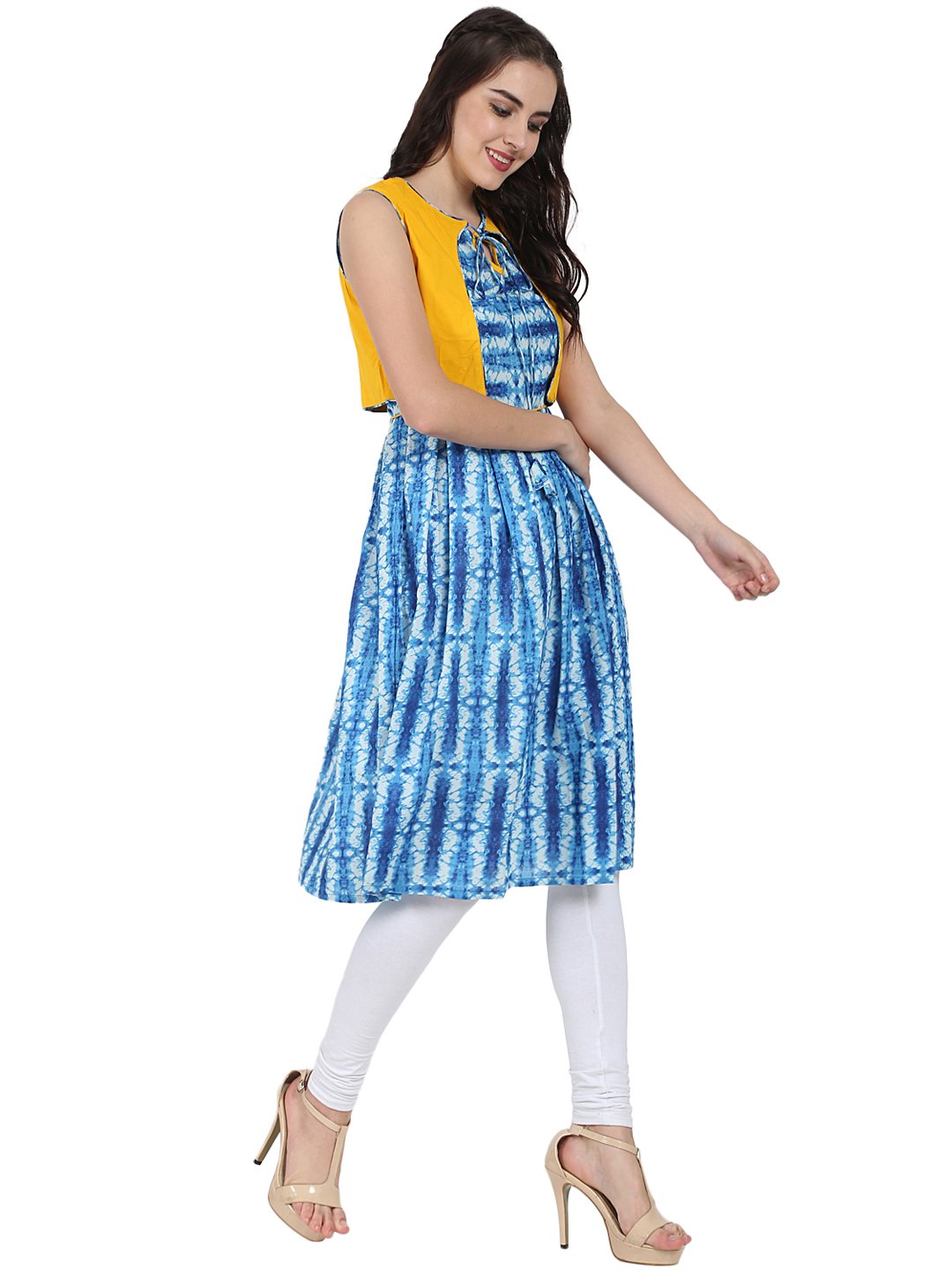 Blue Printed Sleeveless Cotton Anarkali Kurta With Yellow Jacket | LASVINI - Redefining Indian Fashion with Elegance