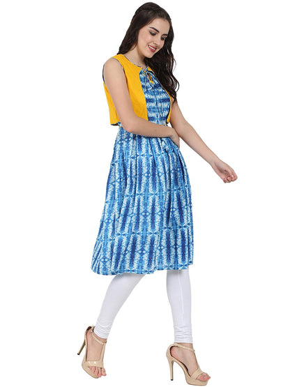 Blue Printed Sleeveless Cotton Anarkali Kurta With Yellow Jacket | LASVINI - Redefining Indian Fashion with Elegance