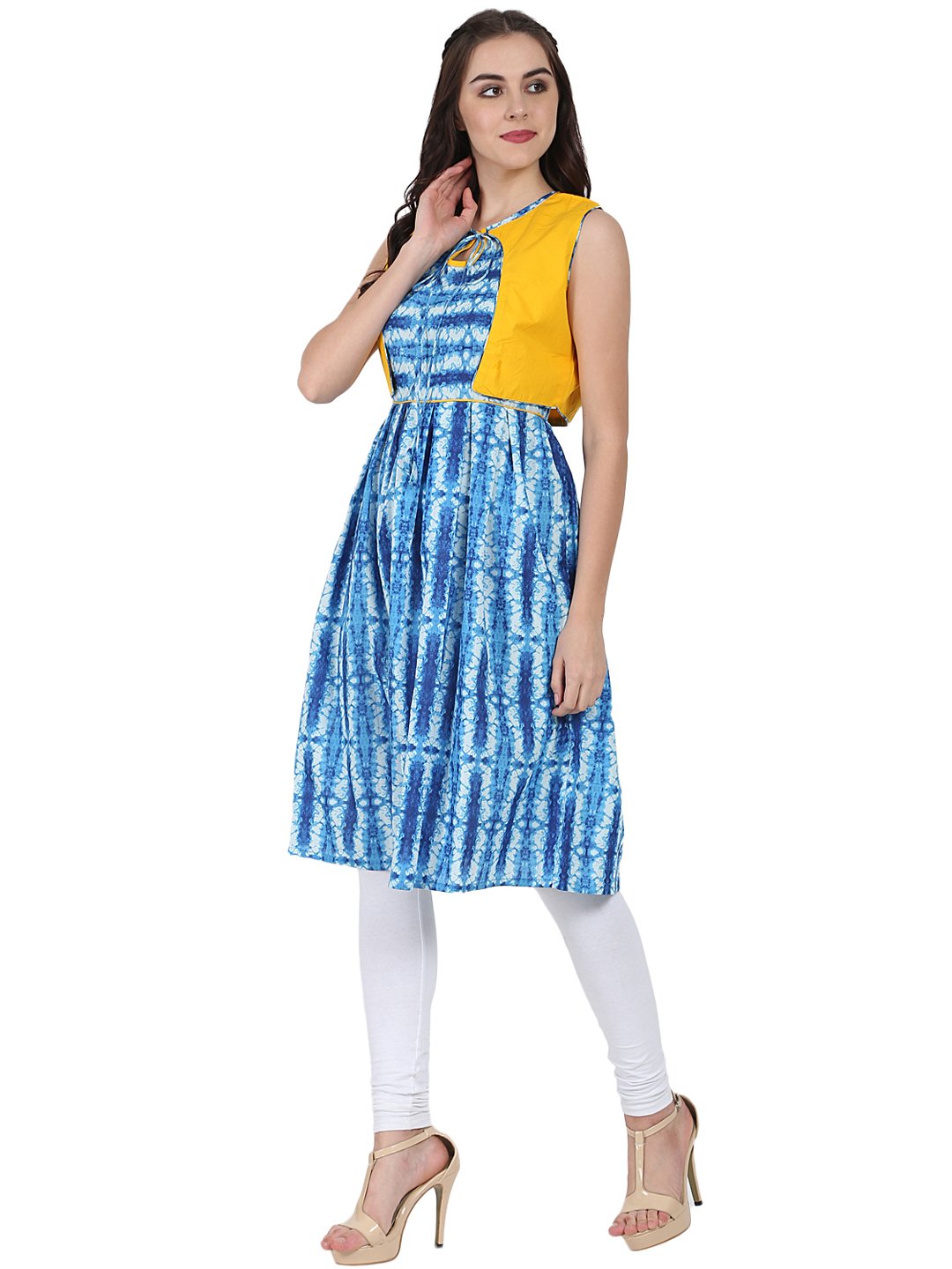 Blue Printed Sleeveless Cotton Anarkali Kurta With Yellow Jacket | LASVINI - Redefining Indian Fashion with Elegance