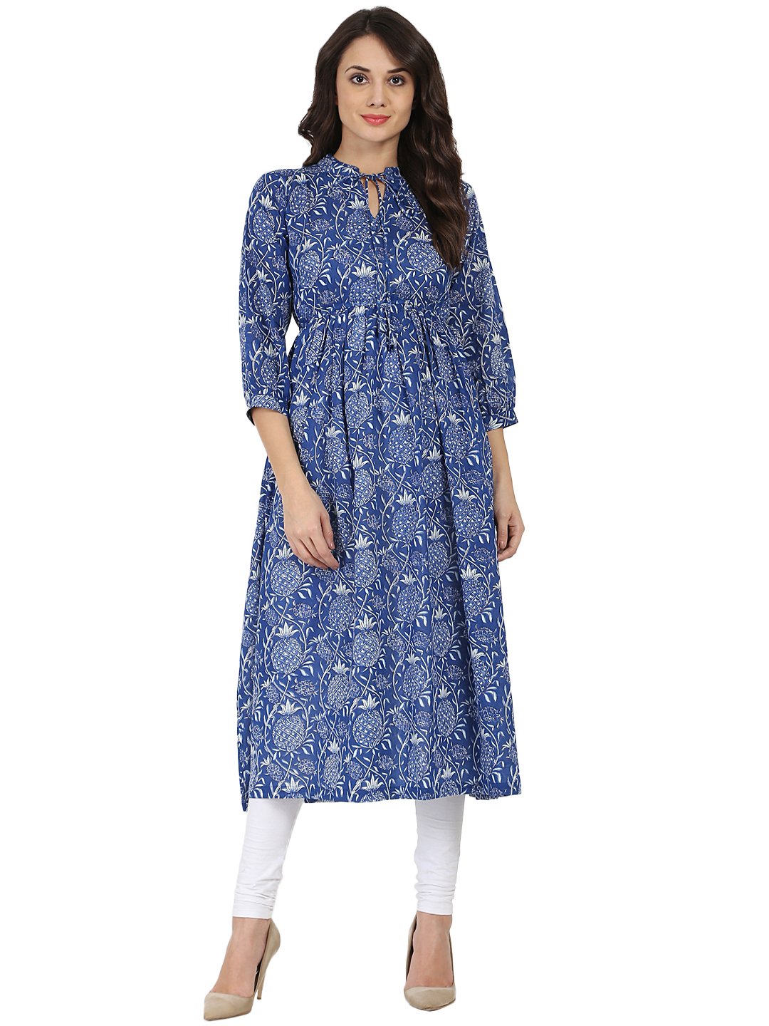 Blue Printed 3/4Th Sleeve Cotton Anarkali Kurta | LASVINI - Redefining Indian Fashion with Elegance
