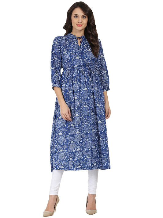 Blue Printed 3/4Th Sleeve Cotton Anarkali Kurta | LASVINI - Redefining Indian Fashion with Elegance