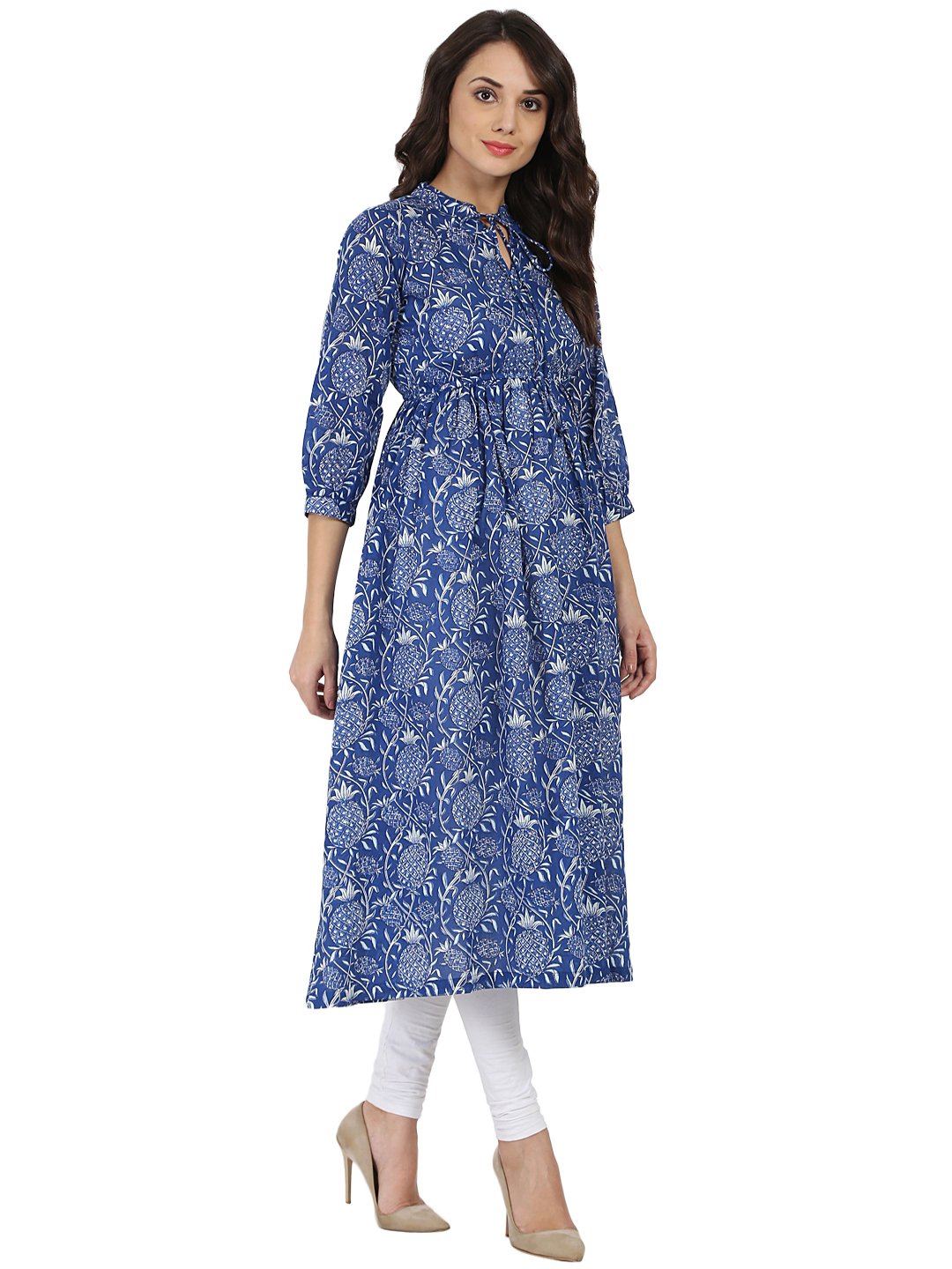 Blue Printed 3/4Th Sleeve Cotton Anarkali Kurta | LASVINI - Redefining Indian Fashion with Elegance