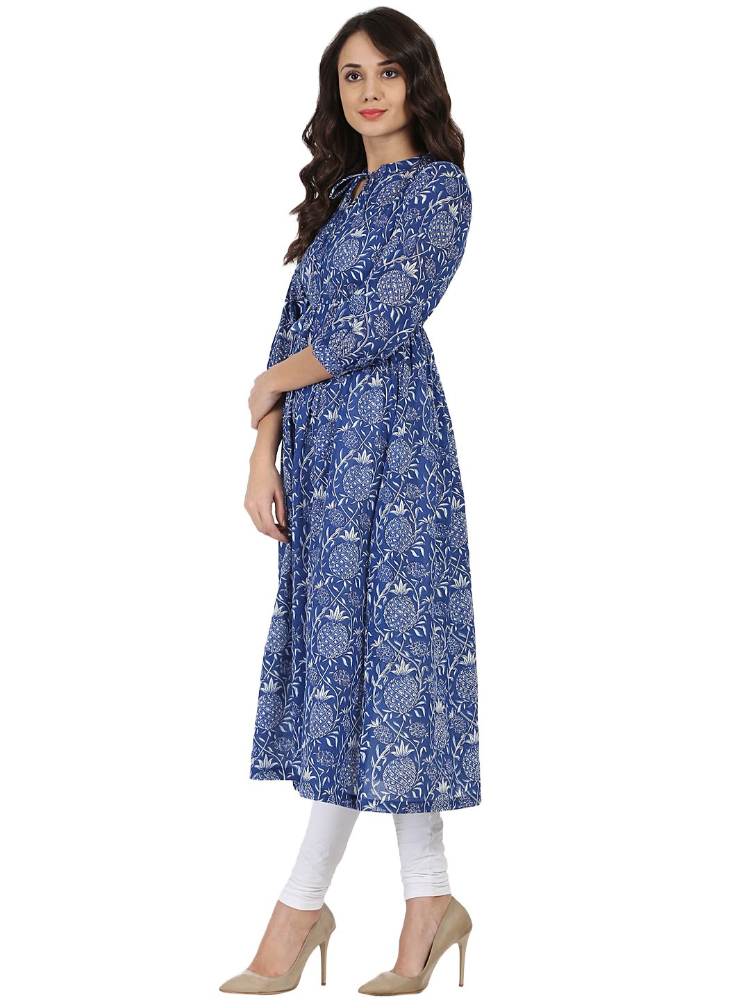 Blue Printed 3/4Th Sleeve Cotton Anarkali Kurta | LASVINI - Redefining Indian Fashion with Elegance