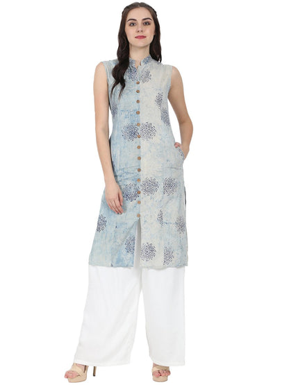 Blue Printed Sleeveless Cotton A-Line Kurta | LASVINI - Redefining Indian Fashion with Elegance