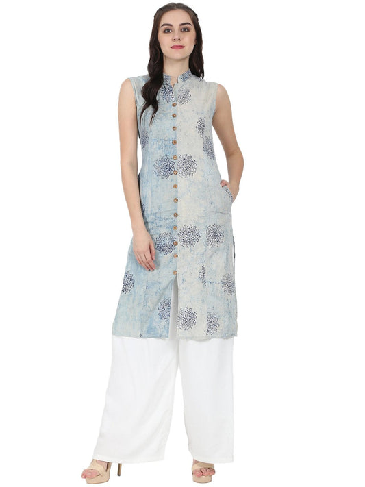 Blue Printed Sleeveless Cotton A-Line Kurta | LASVINI - Redefining Indian Fashion with Elegance