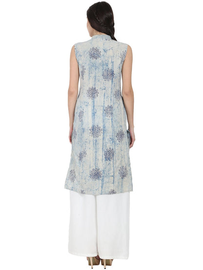 Blue Printed Sleeveless Cotton A-Line Kurta | LASVINI - Redefining Indian Fashion with Elegance