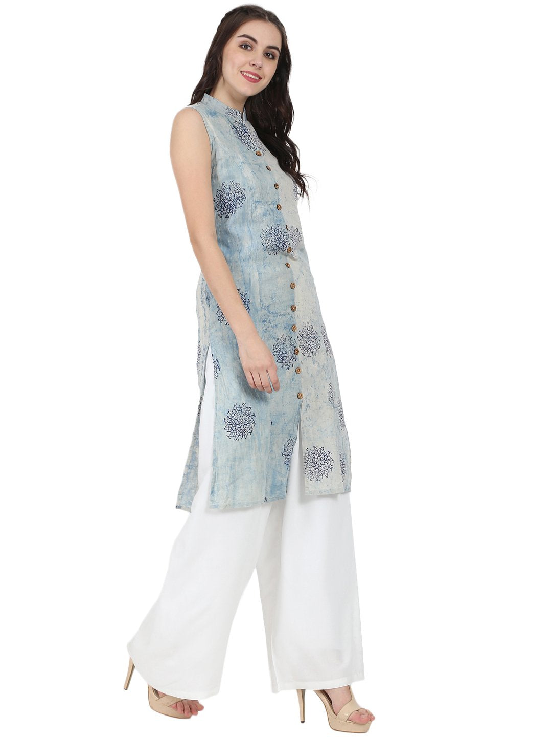 Blue Printed Sleeveless Cotton A-Line Kurta | LASVINI - Redefining Indian Fashion with Elegance