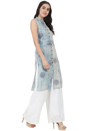 Blue Printed Sleeveless Cotton A-Line Kurta | LASVINI - Redefining Indian Fashion with Elegance
