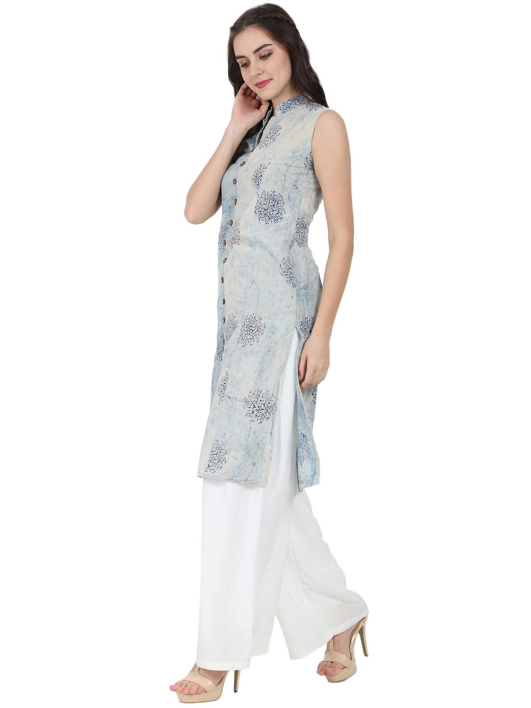 Blue Printed Sleeveless Cotton A-Line Kurta | LASVINI - Redefining Indian Fashion with Elegance