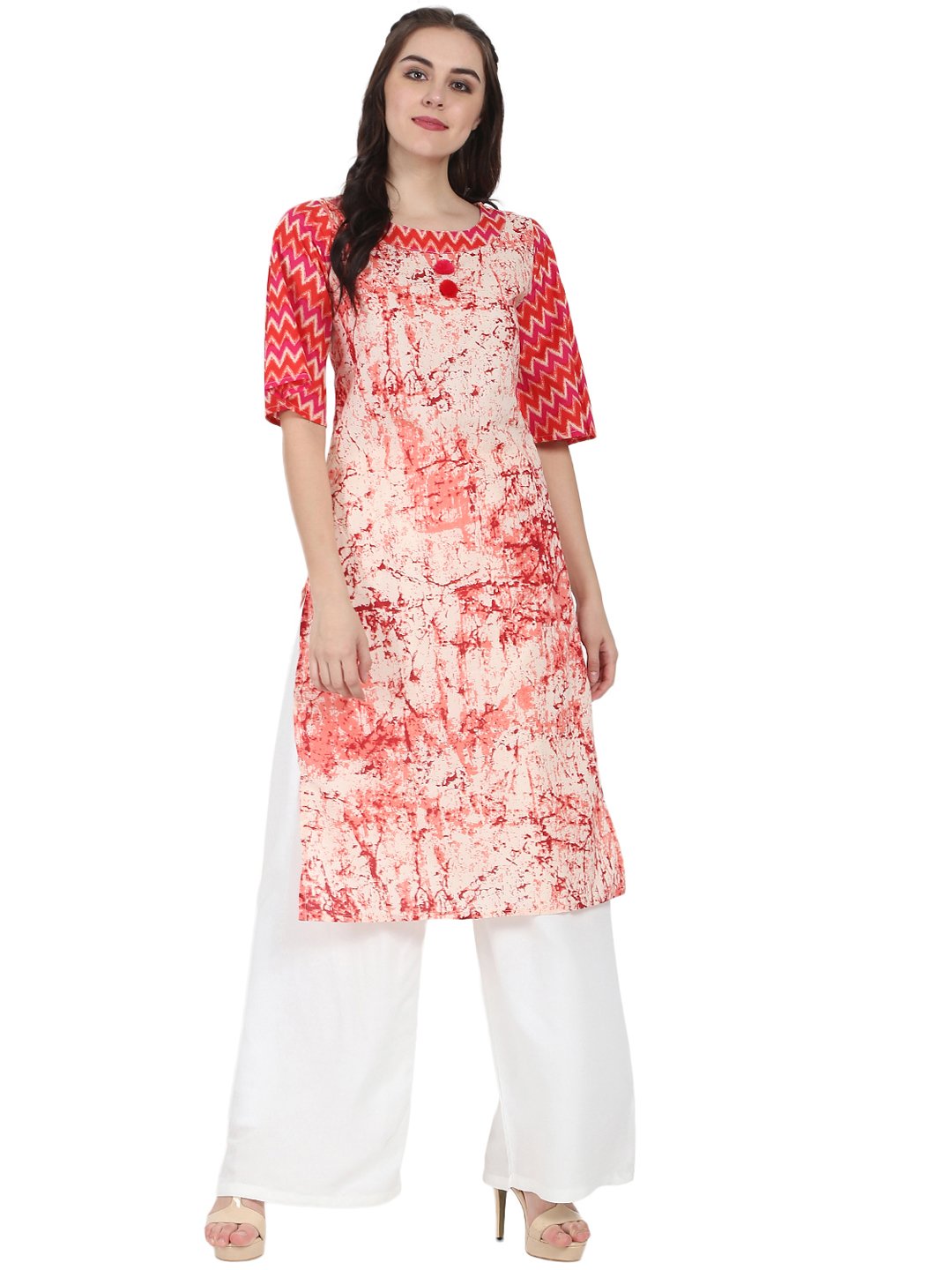 Peach Printed 3/4Th Sleeve Cotton Kurta | LASVINI - Redefining Indian Fashion with Elegance