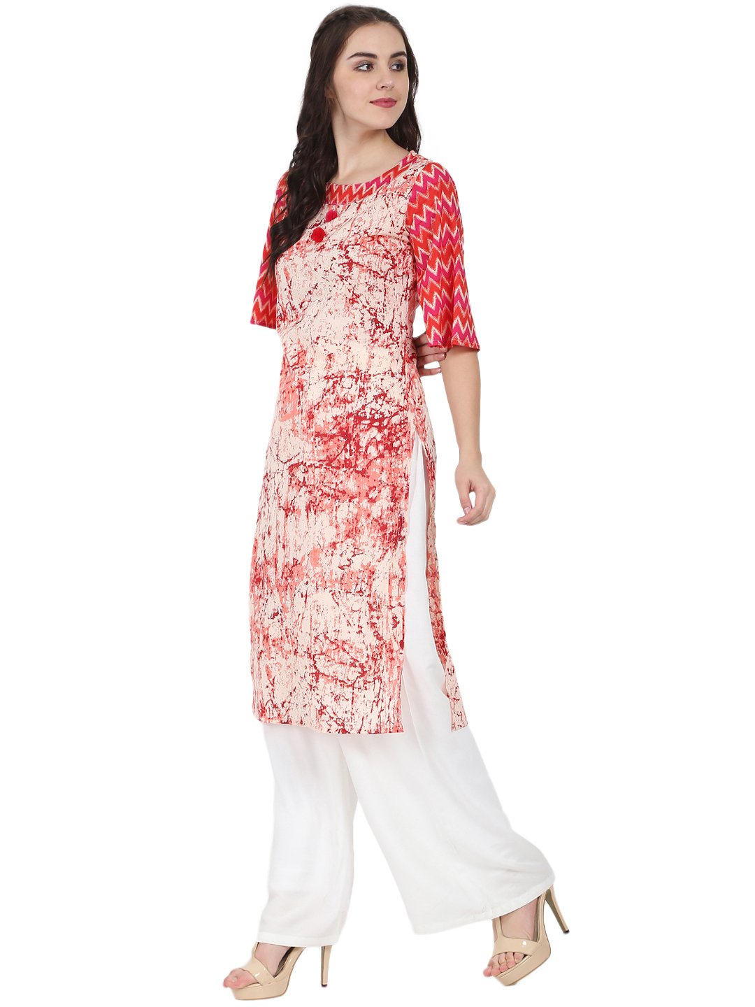 Peach Printed 3/4Th Sleeve Cotton Kurta | LASVINI - Redefining Indian Fashion with Elegance