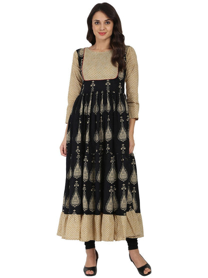 Blue & Beige Printed 3/4Th Sleeve Cotton Tiered Anarkali Kurta | LASVINI - Redefining Indian Fashion with Elegance