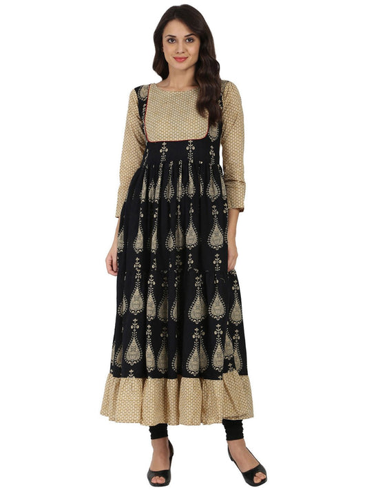 Blue & Beige Printed 3/4Th Sleeve Cotton Tiered Anarkali Kurta | LASVINI - Redefining Indian Fashion with Elegance