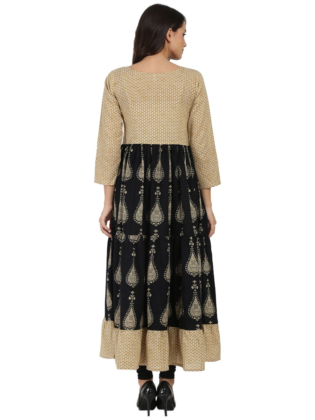 Blue & Beige Printed 3/4Th Sleeve Cotton Tiered Anarkali Kurta | LASVINI - Redefining Indian Fashion with Elegance