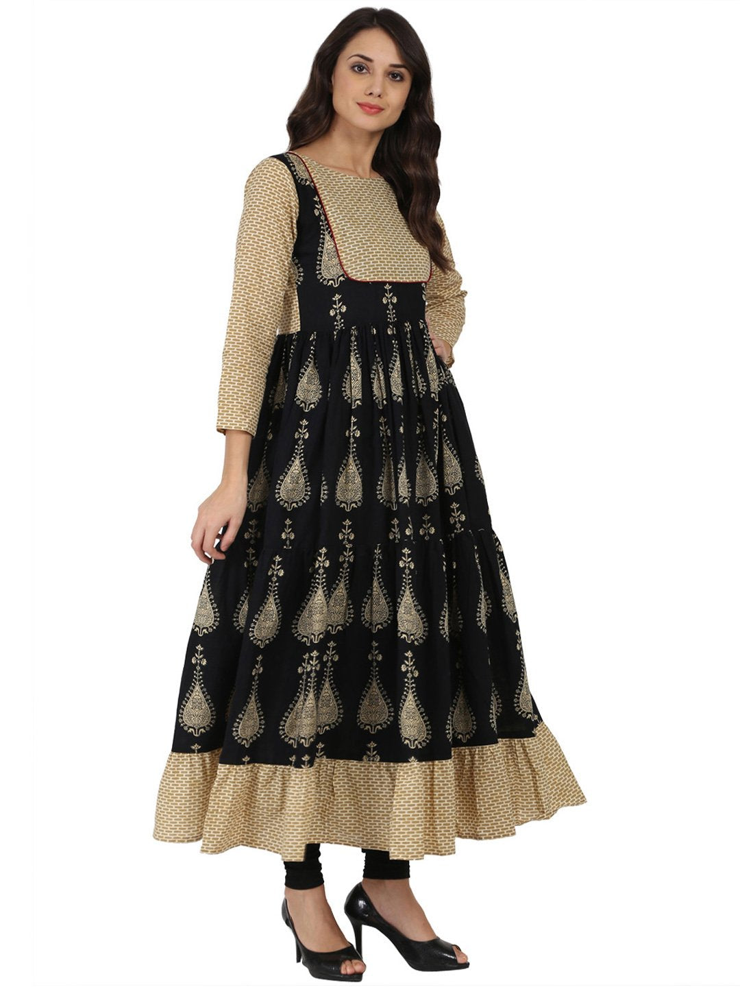 Blue & Beige Printed 3/4Th Sleeve Cotton Tiered Anarkali Kurta | LASVINI - Redefining Indian Fashion with Elegance