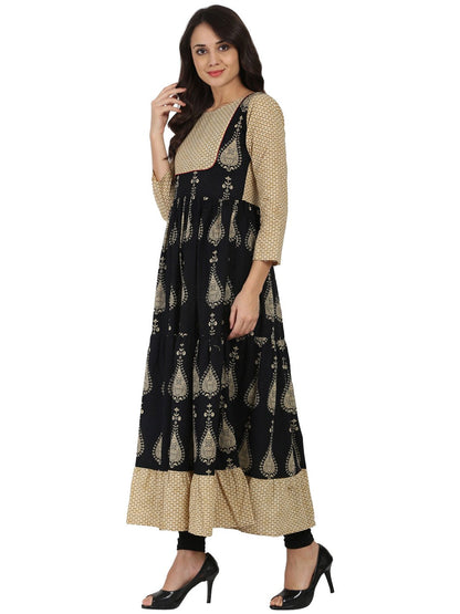 Blue & Beige Printed 3/4Th Sleeve Cotton Tiered Anarkali Kurta | LASVINI - Redefining Indian Fashion with Elegance