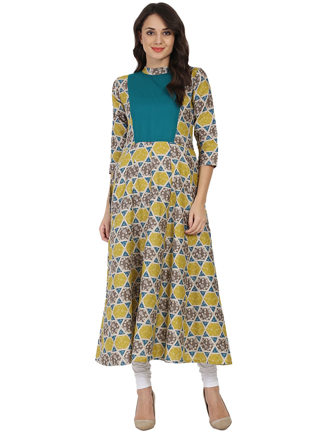 Yellow & Grey Printed 3/4Th Sleeve Cotton Anarkali Kurta | LASVINI - Redefining Indian Fashion with Elegance