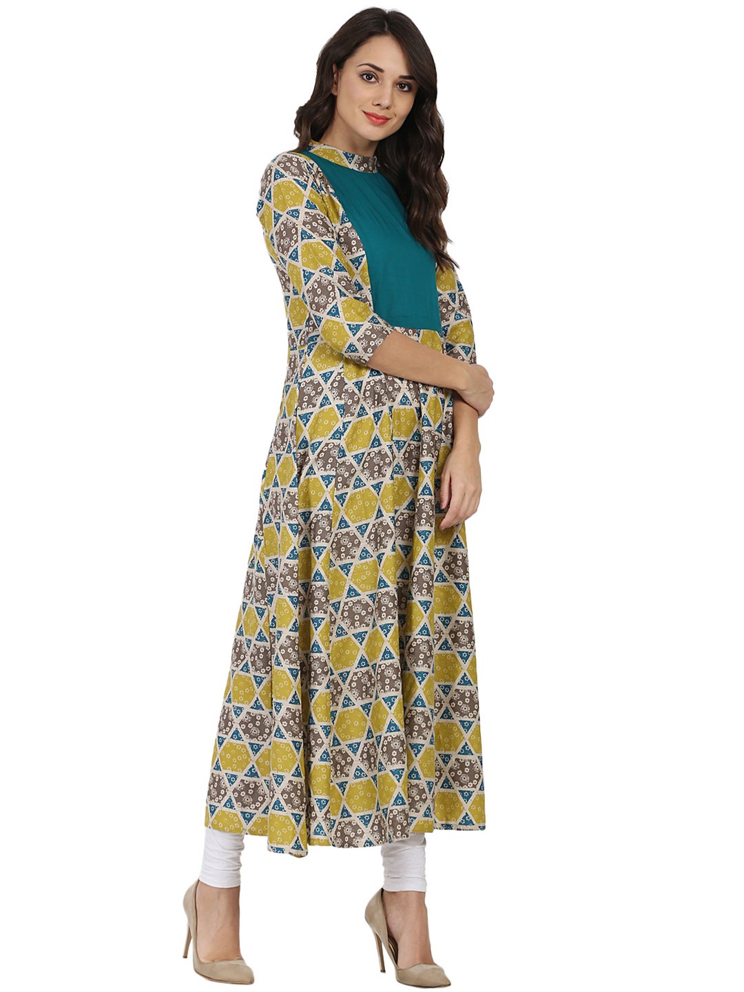 Yellow & Grey Printed 3/4Th Sleeve Cotton Anarkali Kurta | LASVINI - Redefining Indian Fashion with Elegance