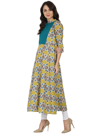 Yellow & Grey Printed 3/4Th Sleeve Cotton Anarkali Kurta | LASVINI - Redefining Indian Fashion with Elegance