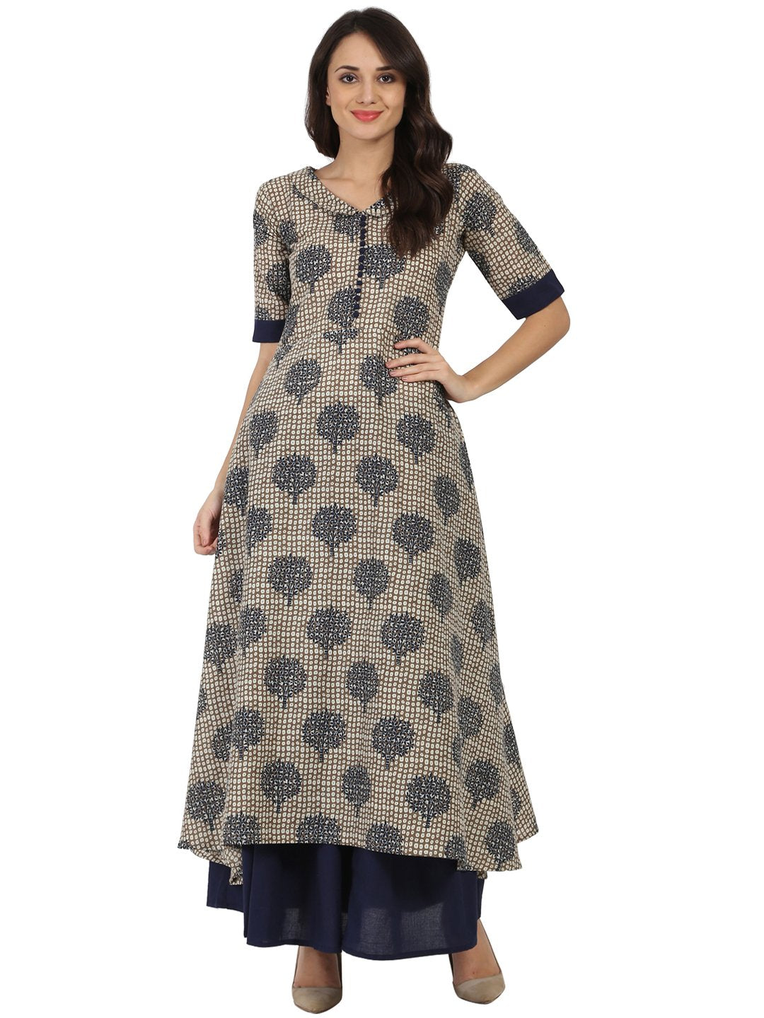 Blue Printed Half Sleeve Cotton A-Line Kurta With Blue Flared Skirt | LASVINI - Redefining Indian Fashion with Elegance