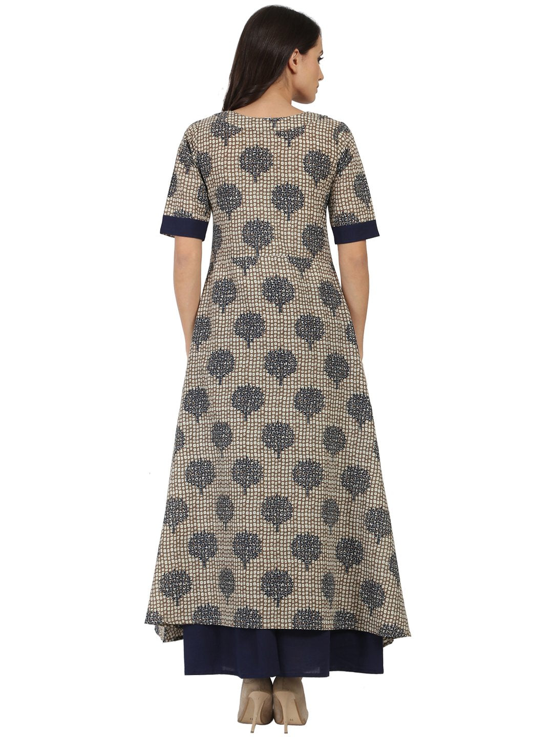 Blue Printed Half Sleeve Cotton A-Line Kurta With Blue Flared Skirt | LASVINI - Redefining Indian Fashion with Elegance