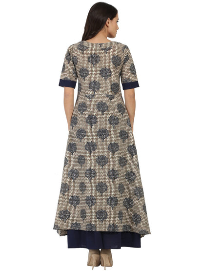 Blue Printed Half Sleeve Cotton A-Line Kurta With Blue Flared Skirt | LASVINI - Redefining Indian Fashion with Elegance