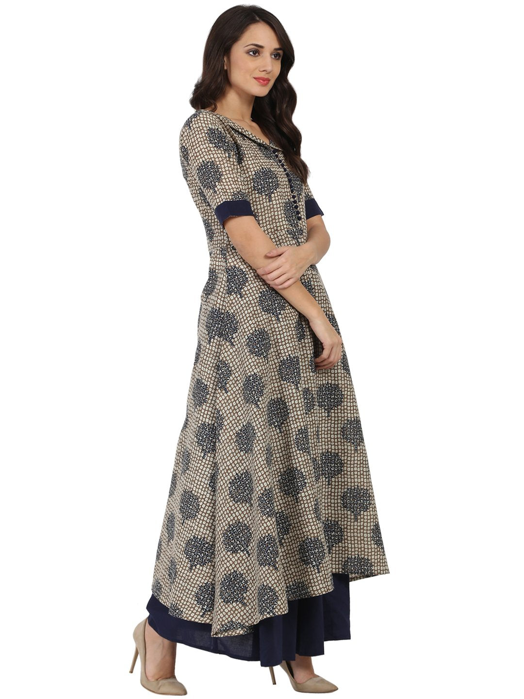 Blue Printed Half Sleeve Cotton A-Line Kurta With Blue Flared Skirt | LASVINI - Redefining Indian Fashion with Elegance