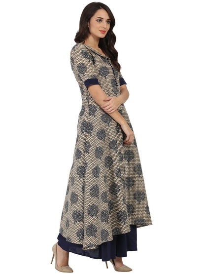 Blue Printed Half Sleeve Cotton A-Line Kurta With Blue Flared Skirt | LASVINI - Redefining Indian Fashion with Elegance