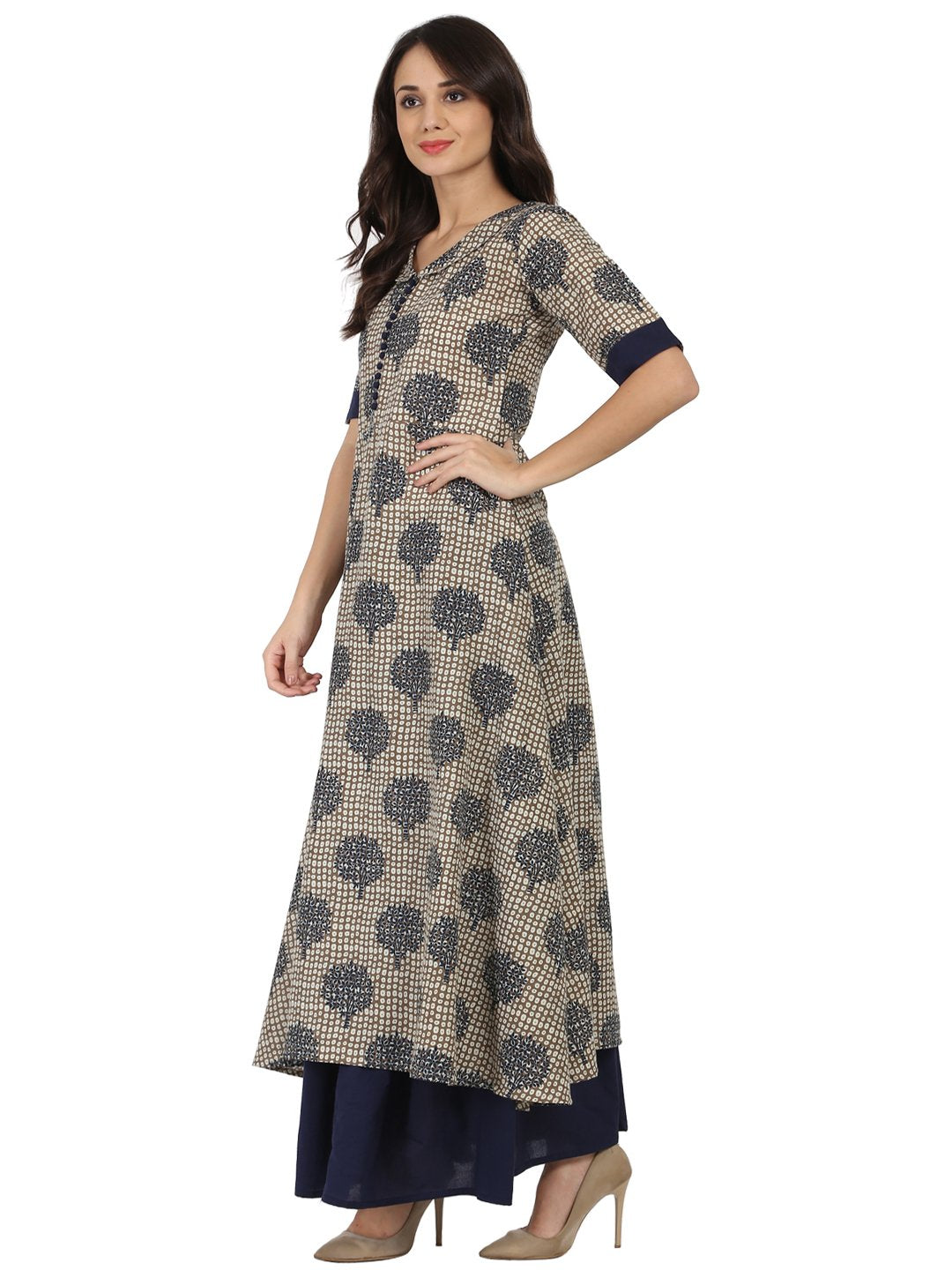 Blue Printed Half Sleeve Cotton A-Line Kurta With Blue Flared Skirt | LASVINI - Redefining Indian Fashion with Elegance