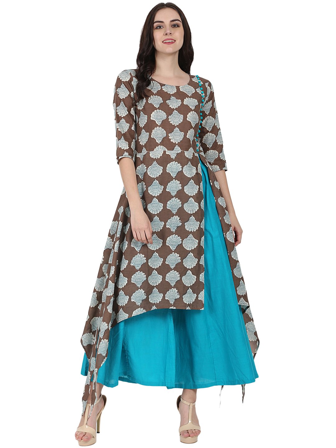 Coffee Brown Printed Half Sleeve Cotton Low High Kurta With Blue Flared Skirt | LASVINI - Redefining Indian Fashion with Elegance