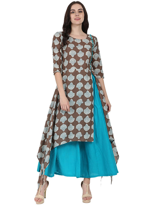 Coffee Brown Printed Half Sleeve Cotton Low High Kurta With Blue Flared Skirt | LASVINI - Redefining Indian Fashion with Elegance