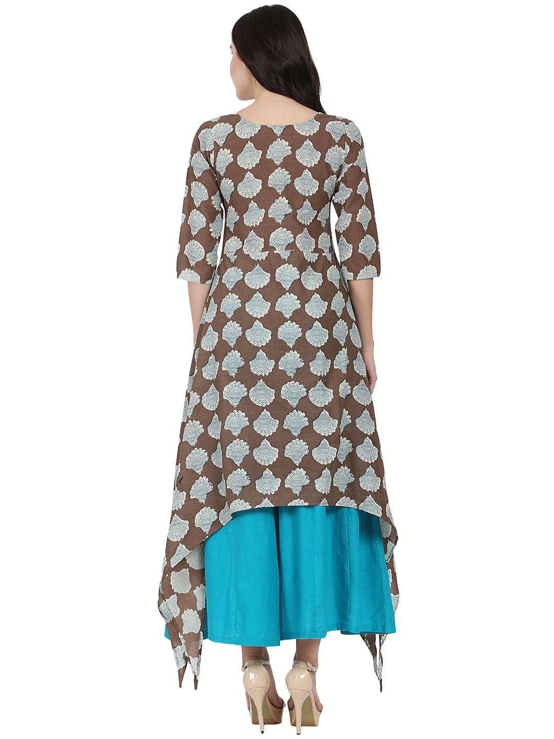 Coffee Brown Printed Half Sleeve Cotton Low High Kurta With Blue Flared Skirt | LASVINI - Redefining Indian Fashion with Elegance