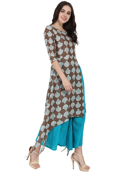 Coffee Brown Printed Half Sleeve Cotton Low High Kurta With Blue Flared Skirt | LASVINI - Redefining Indian Fashion with Elegance