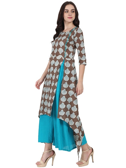 Coffee Brown Printed Half Sleeve Cotton Low High Kurta With Blue Flared Skirt | LASVINI - Redefining Indian Fashion with Elegance