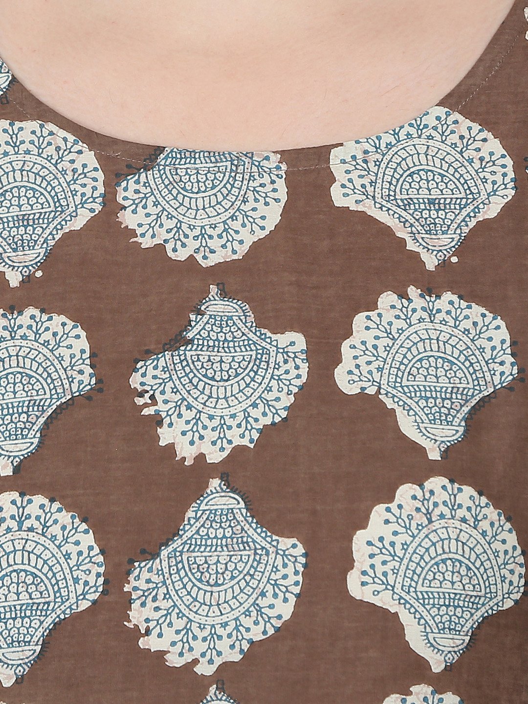 Coffee Brown Printed Half Sleeve Cotton Low High Kurta With Blue Flared Skirt | LASVINI - Redefining Indian Fashion with Elegance