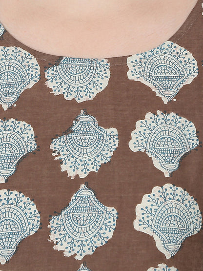 Coffee Brown Printed Half Sleeve Cotton Low High Kurta With Blue Flared Skirt | LASVINI - Redefining Indian Fashion with Elegance