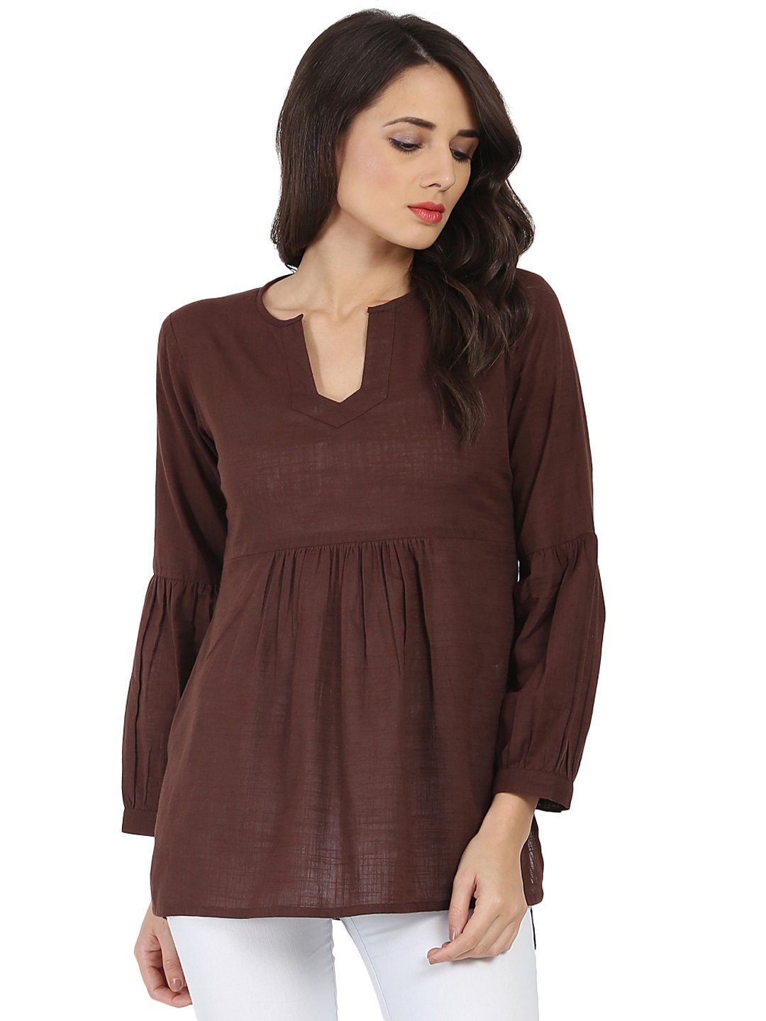 Coffee Brown 3/4Th Sleeve Cotton Slub Tunic | LASVINI - Redefining Indian Fashion with Elegance