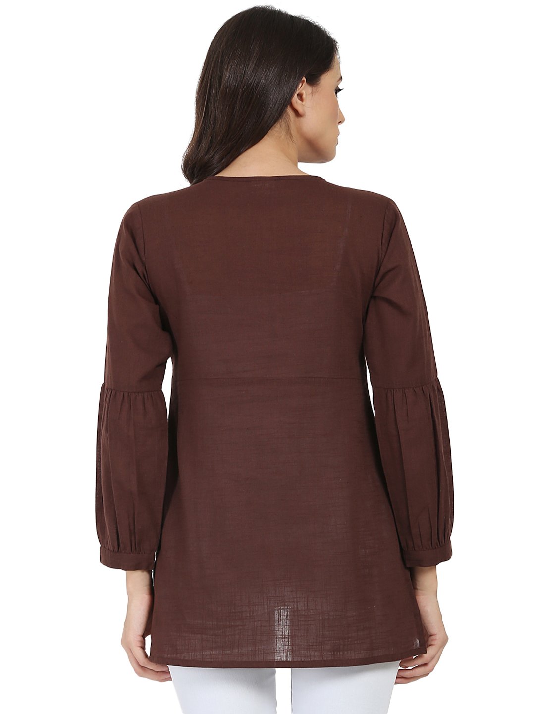 Coffee Brown 3/4Th Sleeve Cotton Slub Tunic | LASVINI - Redefining Indian Fashion with Elegance