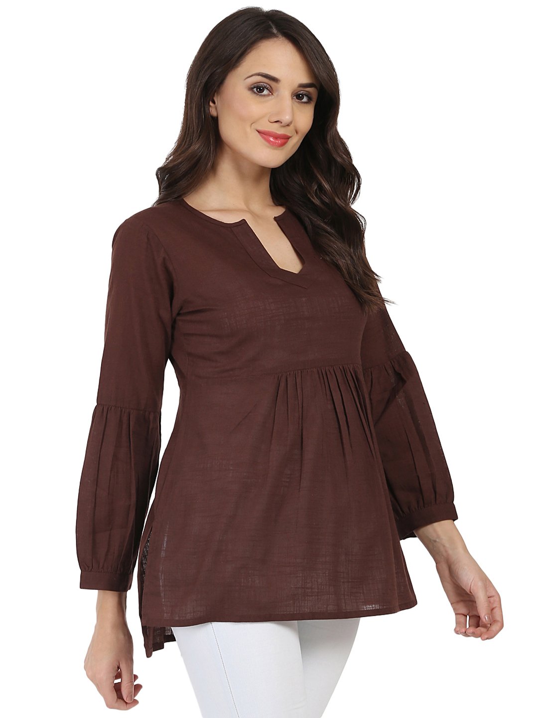 Coffee Brown 3/4Th Sleeve Cotton Slub Tunic | LASVINI - Redefining Indian Fashion with Elegance