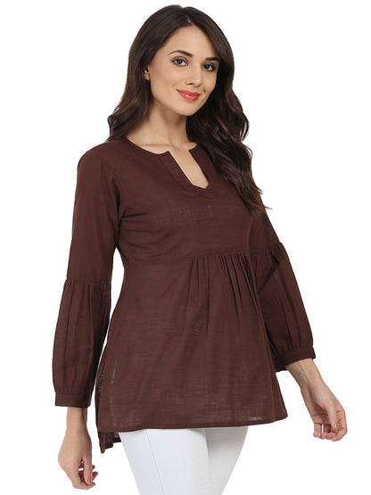 Coffee Brown 3/4Th Sleeve Cotton Slub Tunic | LASVINI - Redefining Indian Fashion with Elegance