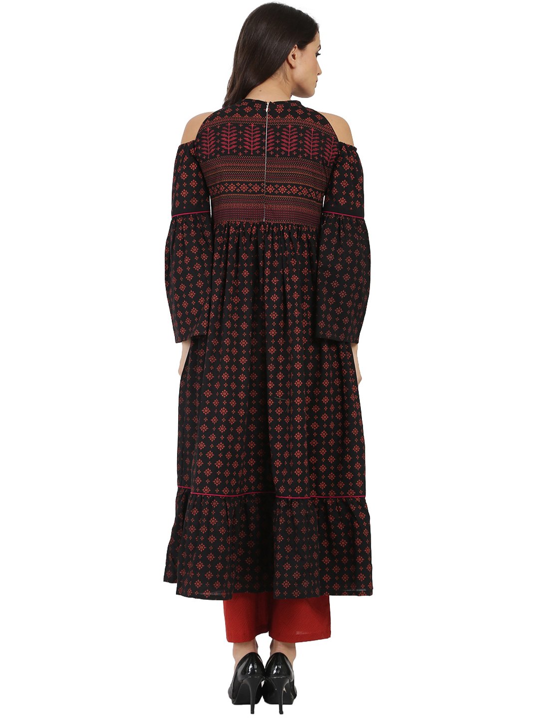 Blue Printed Full Sleeve Cold Shoulder Cotton Anarkali Kurta | LASVINI - Redefining Indian Fashion with Elegance