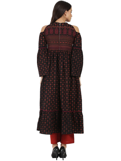 Blue Printed Full Sleeve Cold Shoulder Cotton Anarkali Kurta | LASVINI - Redefining Indian Fashion with Elegance