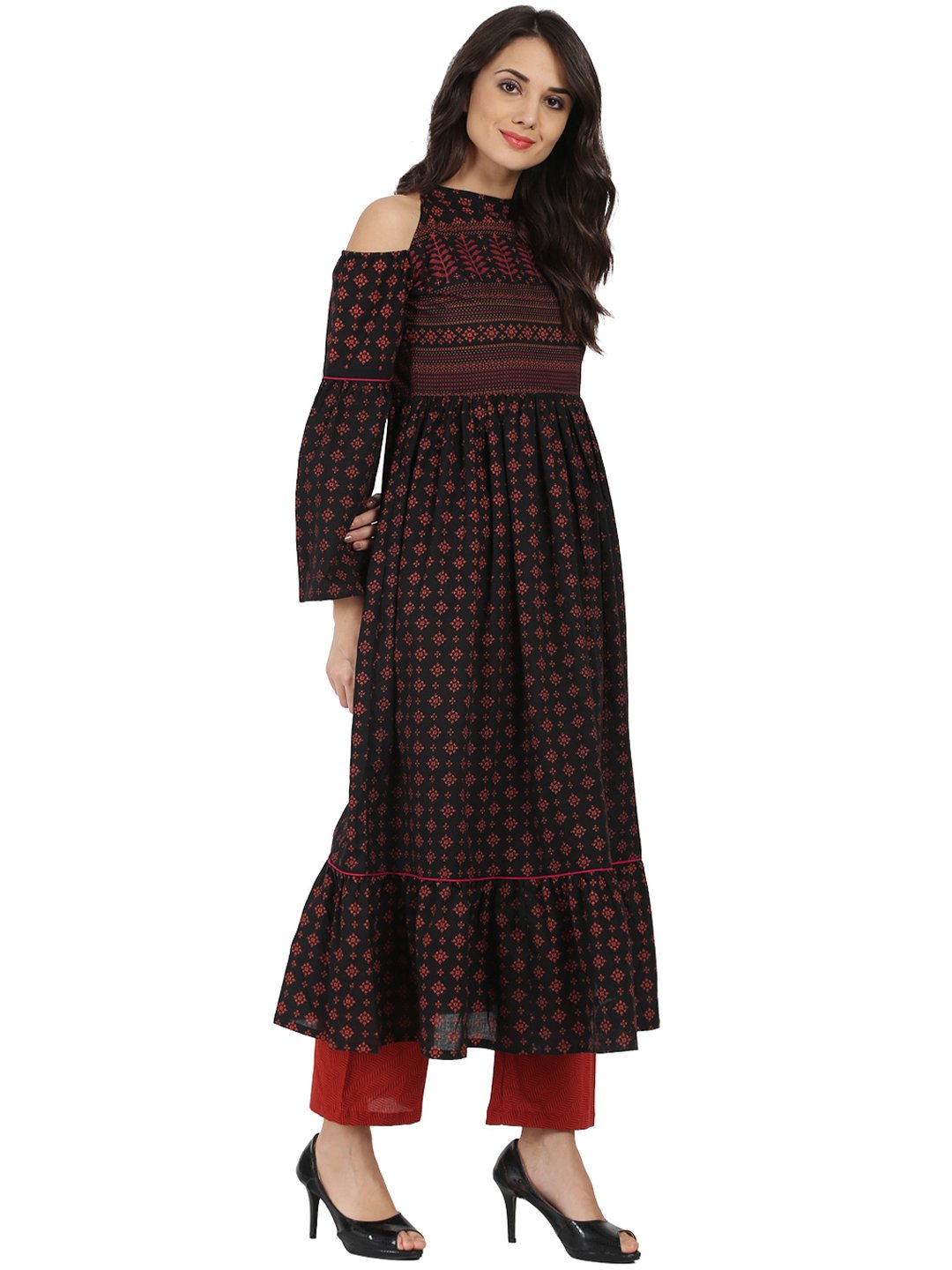 Blue Printed Full Sleeve Cold Shoulder Cotton Anarkali Kurta | LASVINI - Redefining Indian Fashion with Elegance