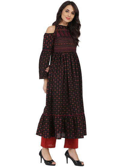 Blue Printed Full Sleeve Cold Shoulder Cotton Anarkali Kurta | LASVINI - Redefining Indian Fashion with Elegance