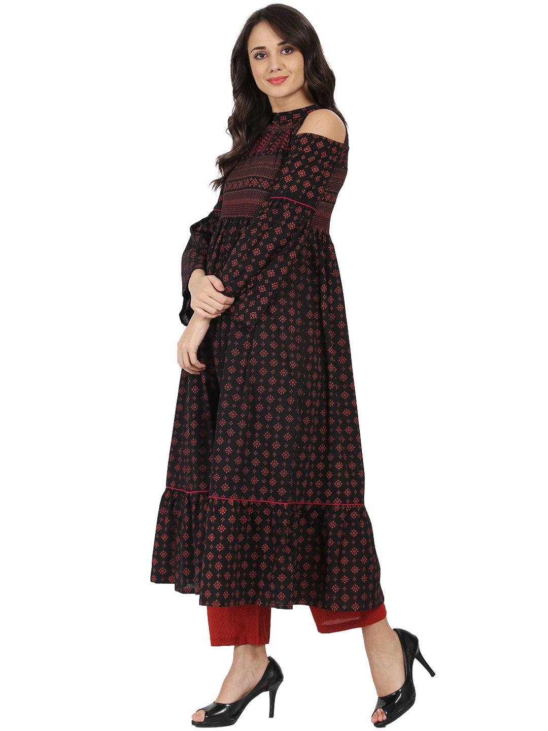 Blue Printed Full Sleeve Cold Shoulder Cotton Anarkali Kurta | LASVINI - Redefining Indian Fashion with Elegance