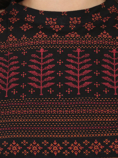 Blue Printed Full Sleeve Cold Shoulder Cotton Anarkali Kurta | LASVINI - Redefining Indian Fashion with Elegance