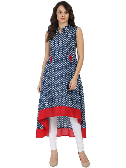 Blue Printed Sleeveless Cotton A-Line Kurta | LASVINI - Redefining Indian Fashion with Elegance
