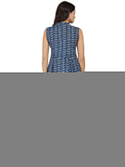 Blue Printed Sleeveless Cotton A-Line Kurta | LASVINI - Redefining Indian Fashion with Elegance