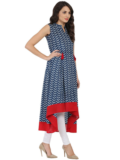 Blue Printed Sleeveless Cotton A-Line Kurta | LASVINI - Redefining Indian Fashion with Elegance