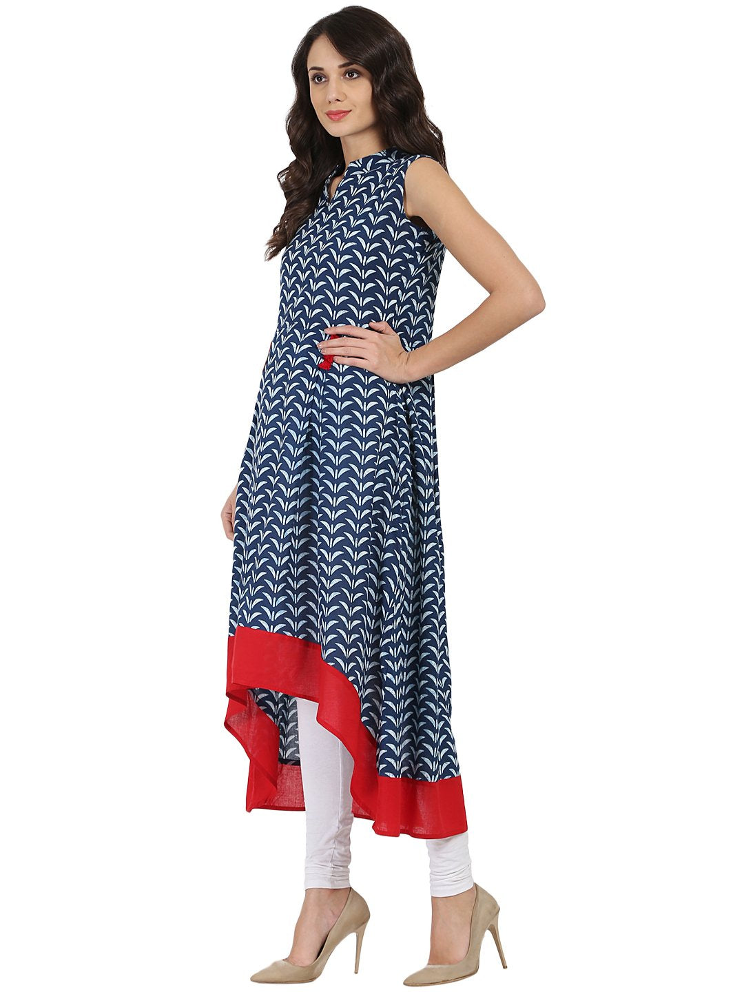 Blue Printed Sleeveless Cotton A-Line Kurta | LASVINI - Redefining Indian Fashion with Elegance